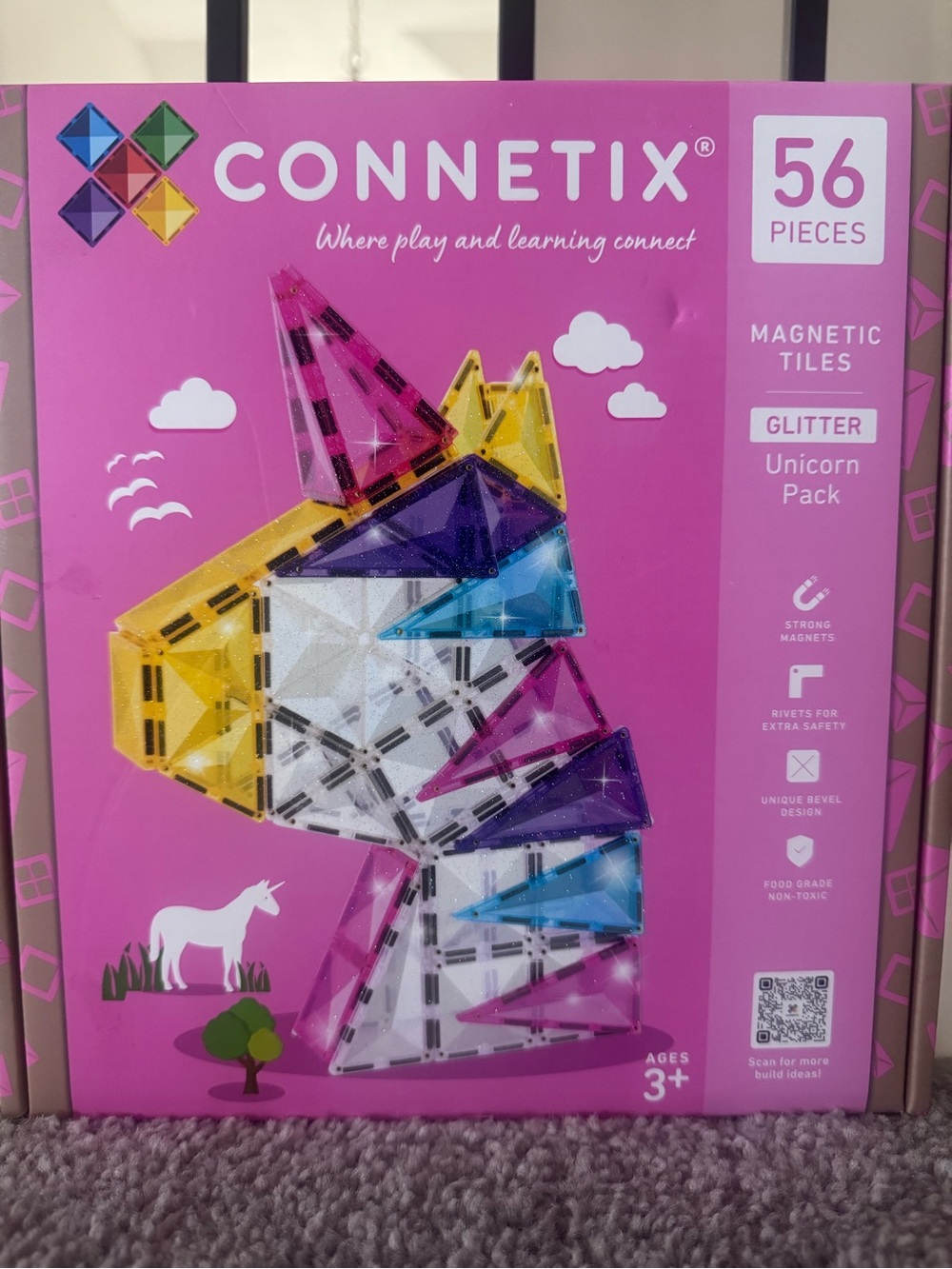 Glitter Unicorn Magnetic Tile Set - Pink Yellow Blue (56 Pieces)